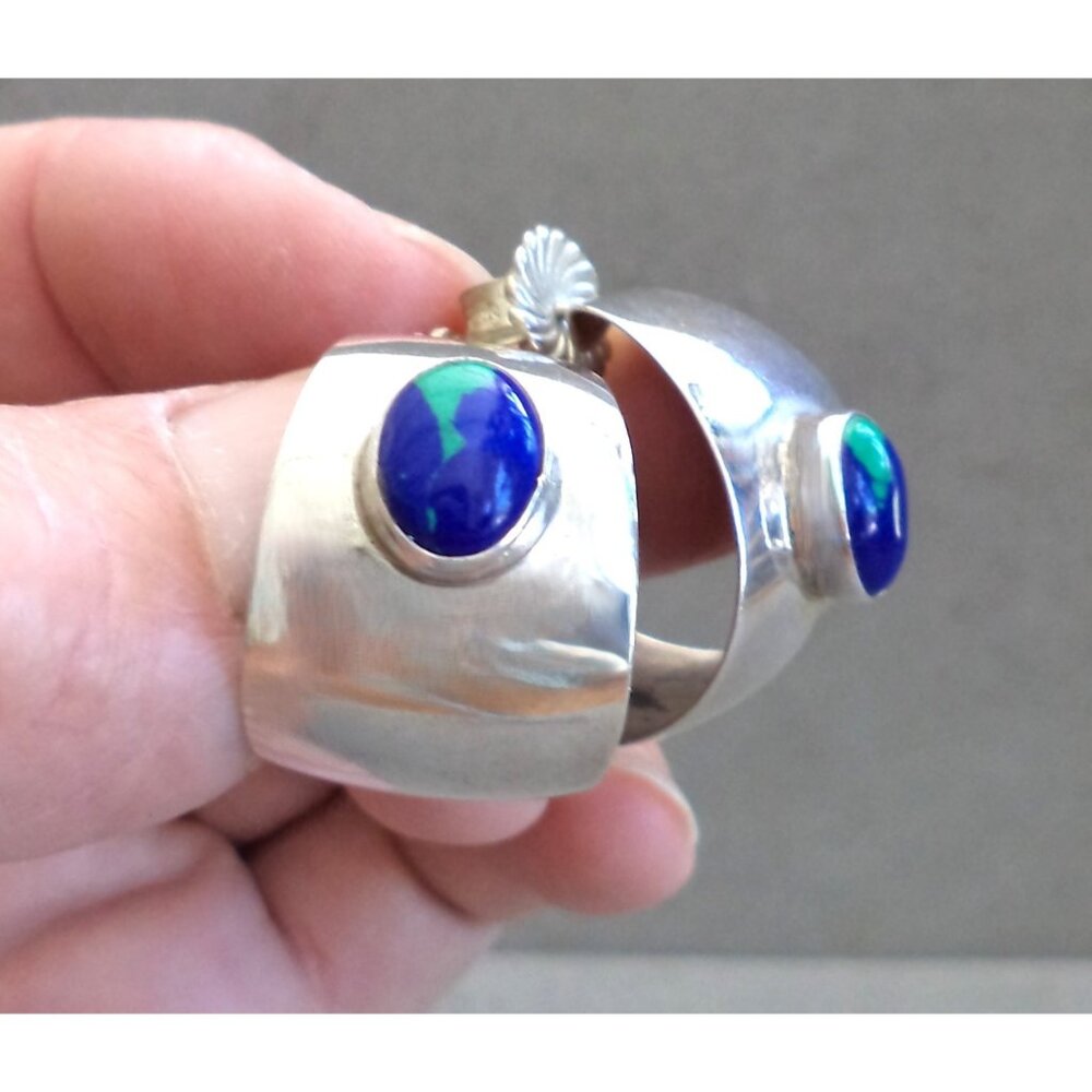 Vintage STERLING Silver & AZURITE EARRINGS Wide HOOPS on Posts 1" Tall .75" Wide